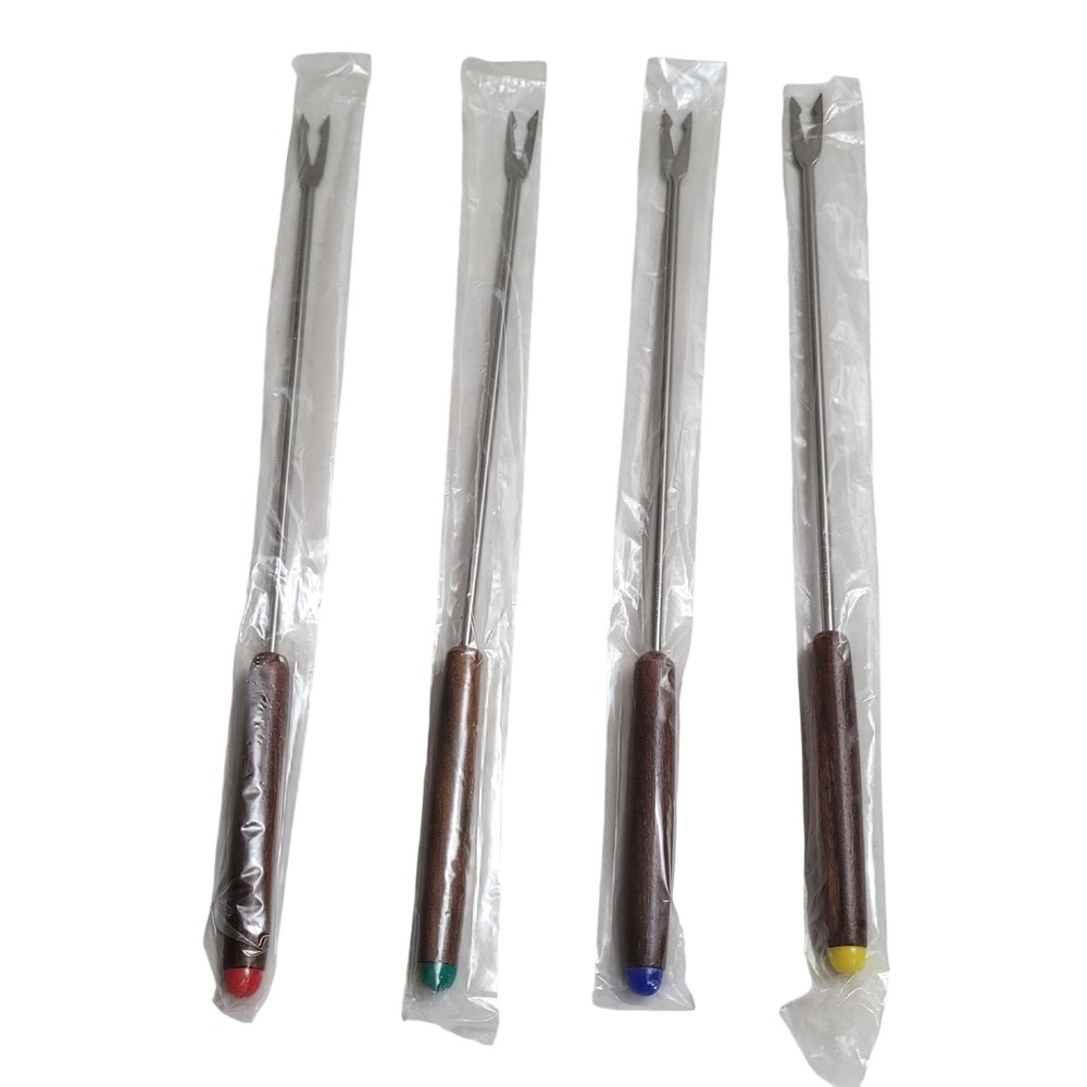 Vintage Style Fondue Fork Set 4pc Wood Handle Color Coded Tips Stainless Steel